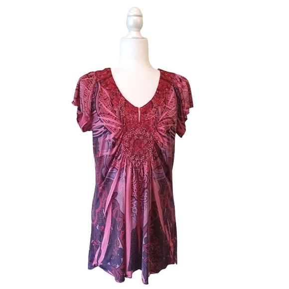 AztecTribal V-Neck Boho Short-Sleeve Top-L - Picture 2 of 5